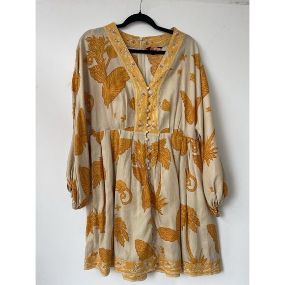 Banana Republic Linen Blend Mini Dress Yellow Beige Tropical Print Size 10 Pocke - Picture 4 of 7